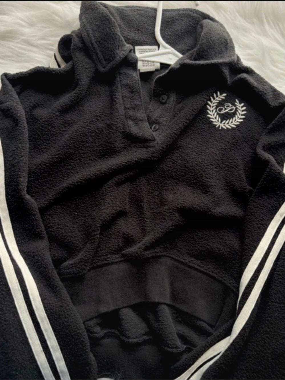 VS PINK Black Fleece Snap Pullover with White Stripe Detail